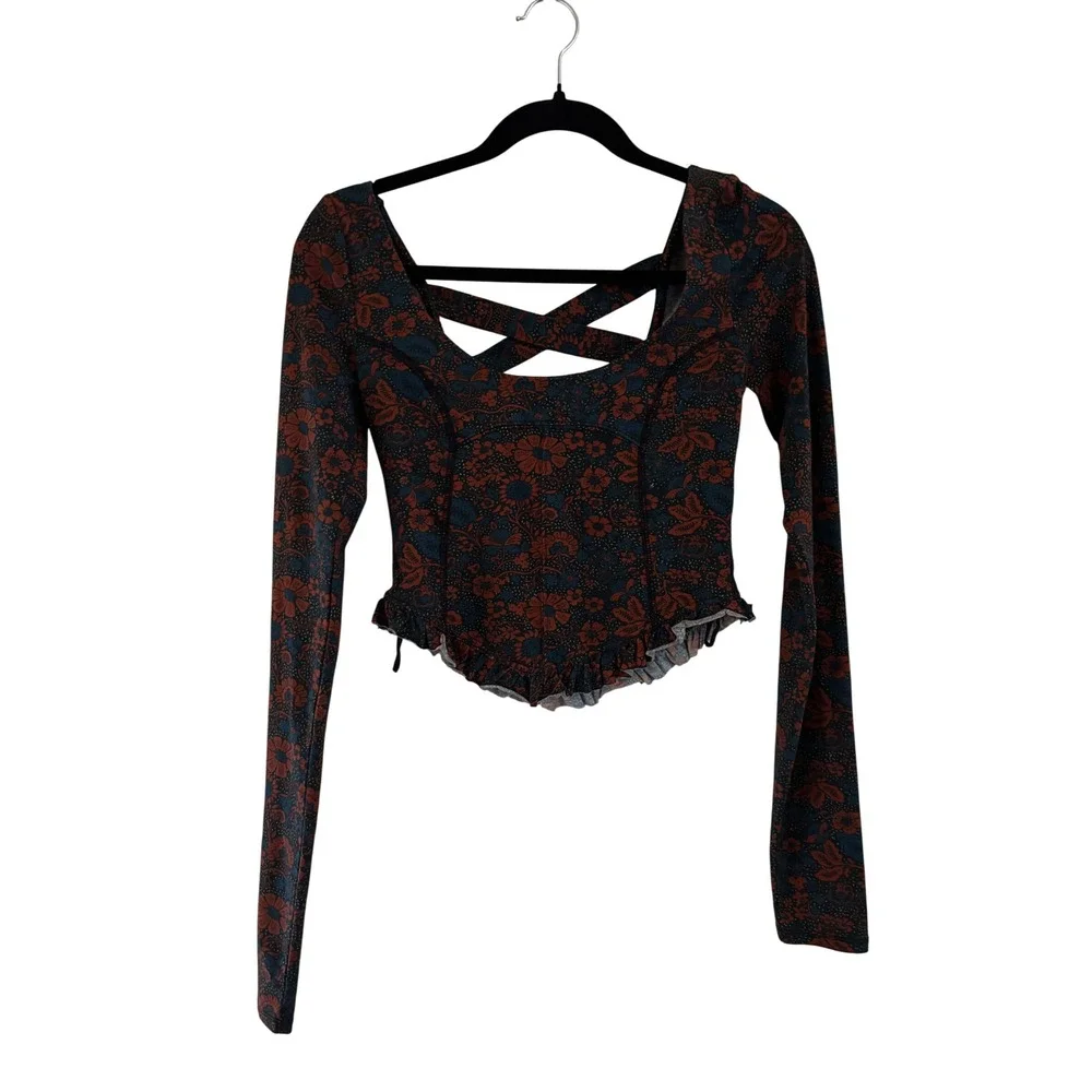 Free People Womens Floral Corset Crop Top Long Sleeve Crisscross Back Rust XS